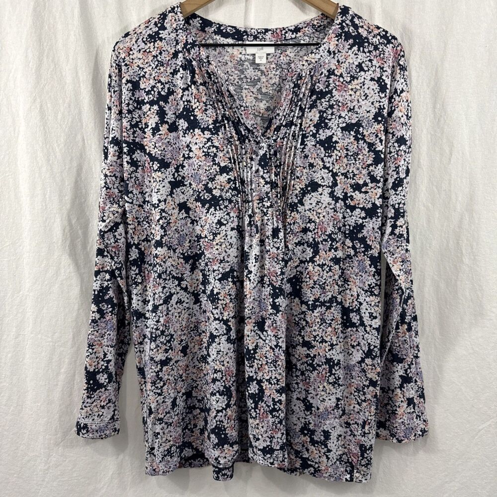 J. Jill Women's Sz M Multicolor Pintuck Long Sleeve Floral Tunic Top Cottagecore